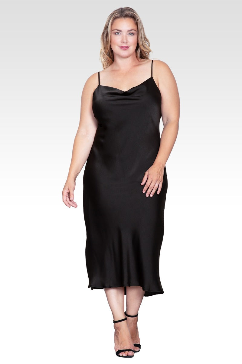 Diane Black Dress with Cowl Neck and Satin Slip Cut