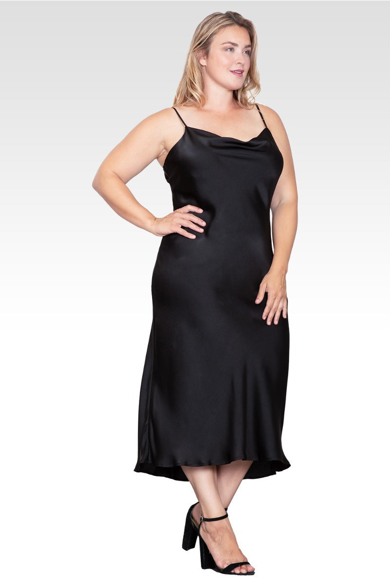 Diane Black Dress with Cowl Neck and Satin Slip Cut