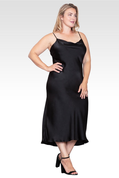 Diane Black Dress with Cowl Neck and Satin Slip Cut