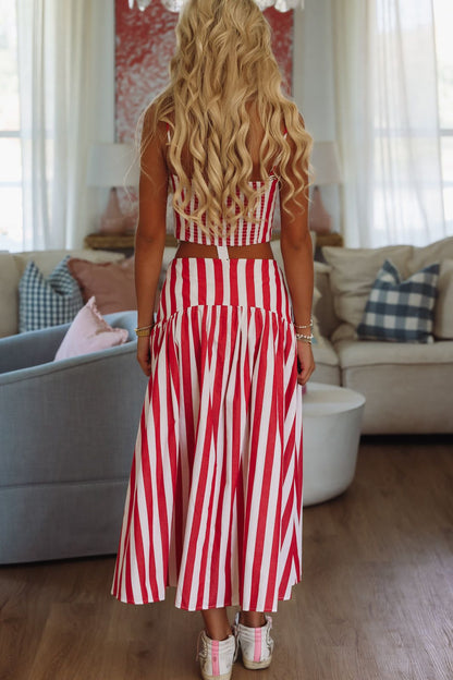 Joy Red Skirt with Stripe Print and Tiered Hem