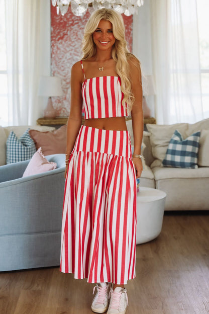 Joy Red Skirt with Stripe Print and Tiered Hem