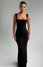 Lenore Black Dress with Square Neck and Column Fit