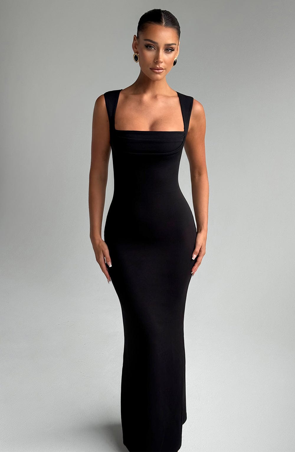 Lenore Black Dress with Square Neck and Column Fit