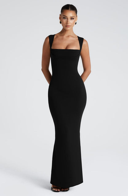 Lenore Black Dress with Square Neck and Column Fit