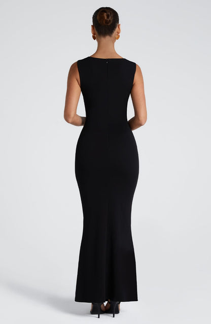 Lenore Black Dress with Square Neck and Column Fit