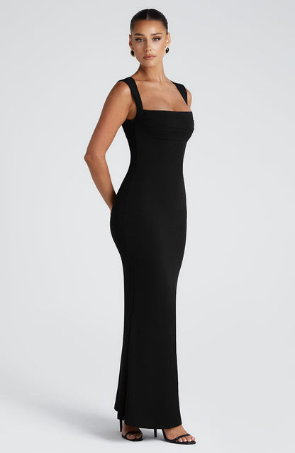 Lenore Black Dress with Square Neck and Column Fit