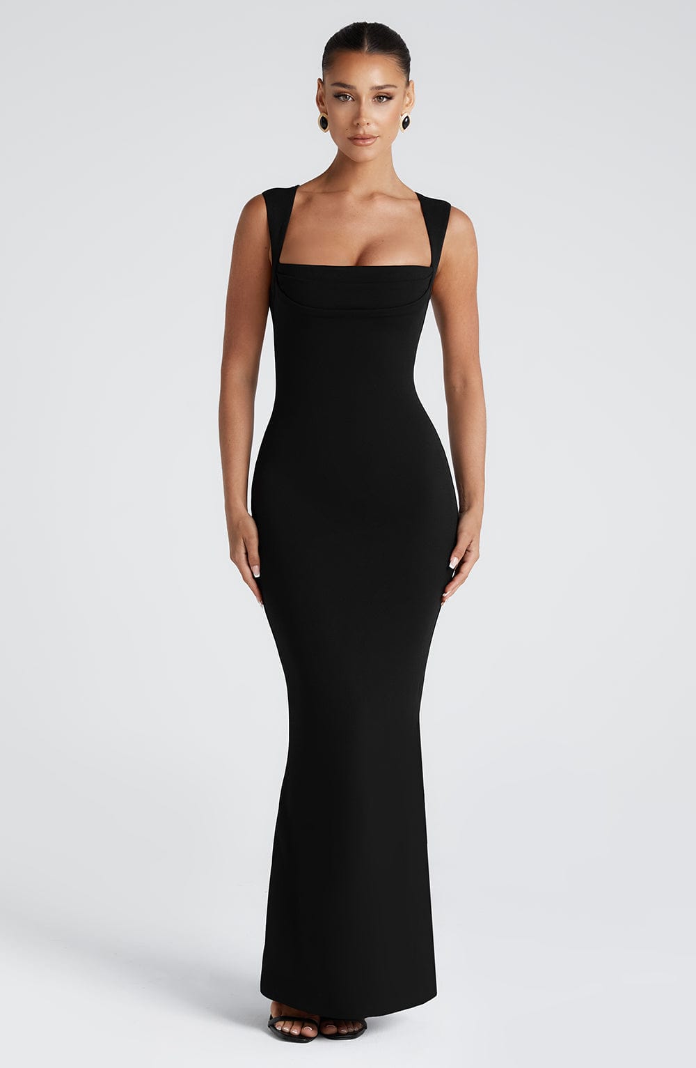 Lenore Black Dress with Square Neck and Column Fit