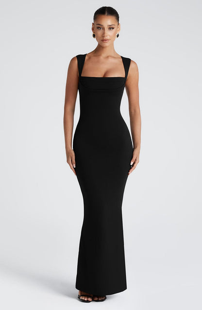 Lenore Black Dress with Square Neck and Column Fit