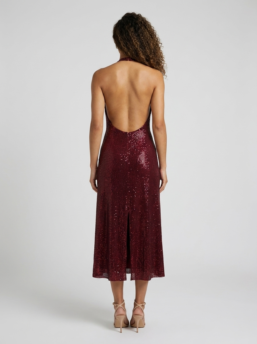 Midnight Bordeaux Halter Maxi Dress