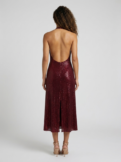 Midnight Bordeaux Halter Maxi Dress