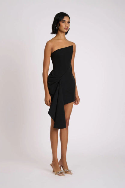 Lorelei Black Dress with Asymmetric Hem and Draped Ruffle