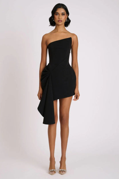 Lorelei Black Dress with Asymmetric Hem and Draped Ruffle