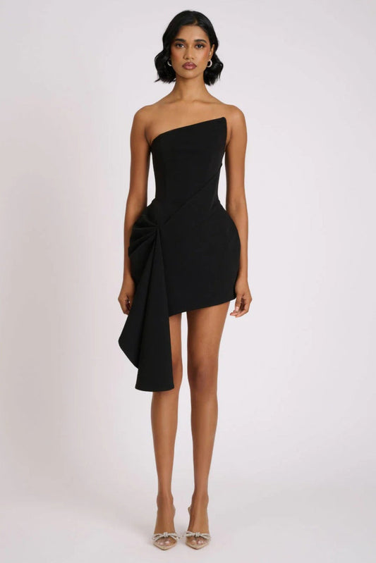 Lorelei Black Dress with Asymmetric Hem and Draped Ruffle