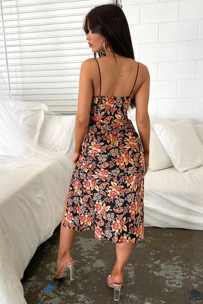 Jessamine Black Dress with Floral Print and Fine Straps