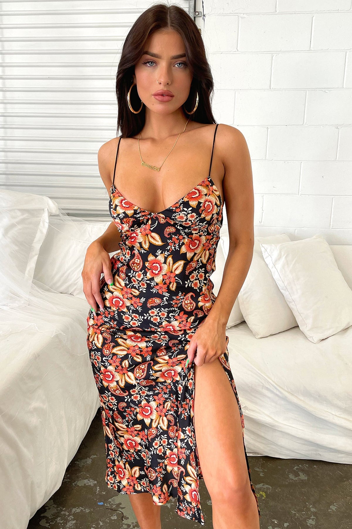 Jessamine Black Dress with Floral Print and Fine Straps