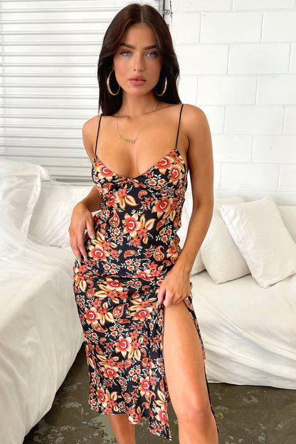 Jessamine Black Dress with Floral Print and Fine Straps