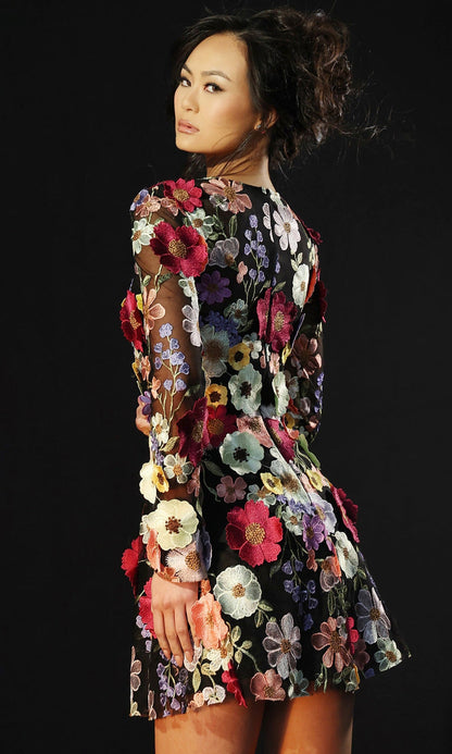 Althea Black Mini Dress with Embroidered Tulle and Bell Sleeves