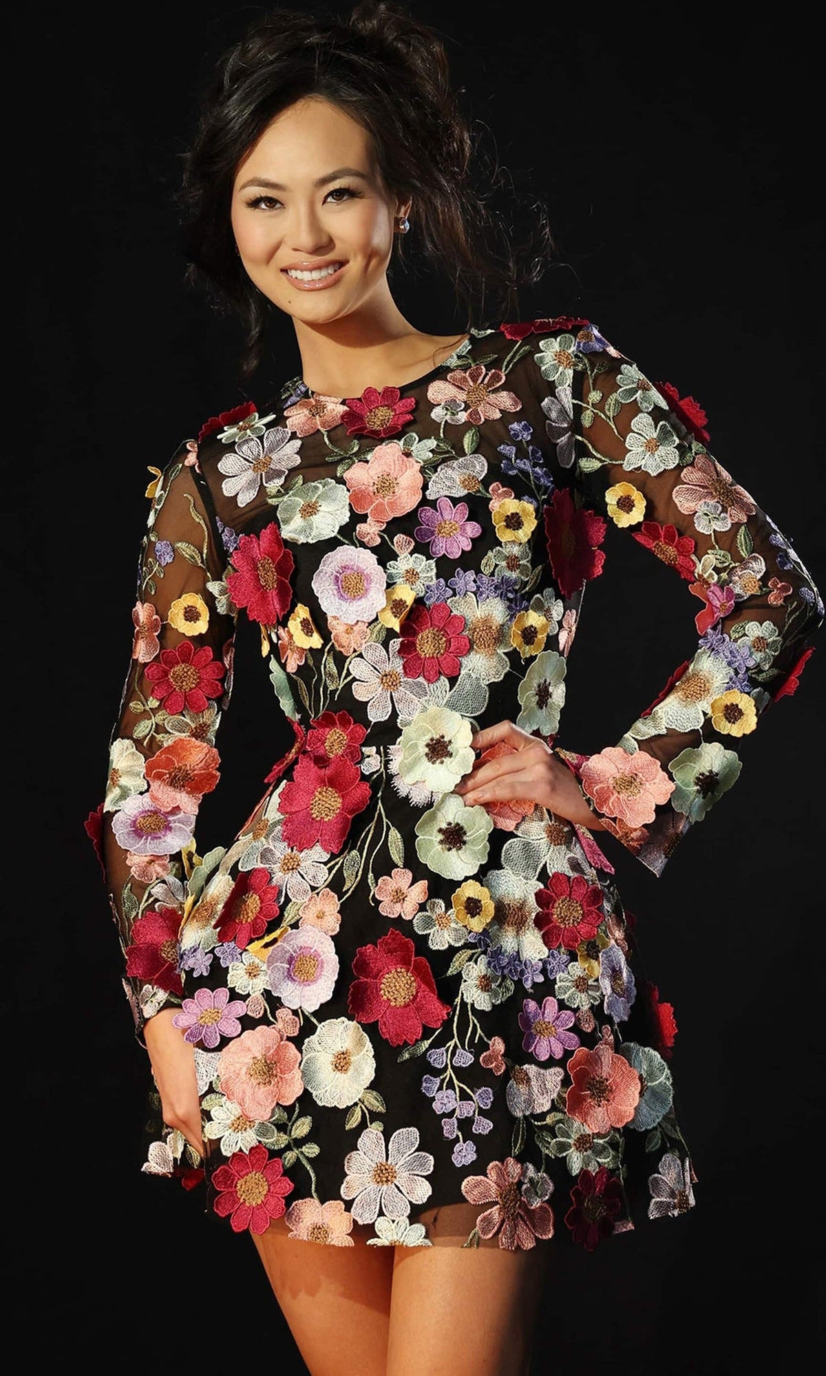 Althea Black Mini Dress with Embroidered Tulle and Bell Sleeves