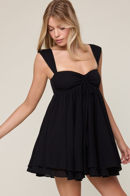 Pernille Black Mini Dress with Bow Front and Babydoll Skirt