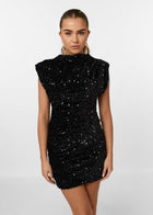 Ivy Sequin Dress with Structured Shoulders and Mock Neck
