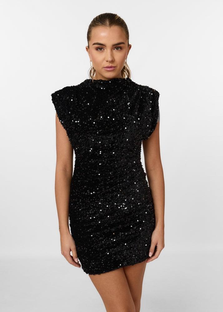 Ivy Sequin Dress with Structured Shoulders and Mock Neck