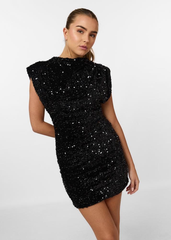 Ivy Sequin Dress with Structured Shoulders and Mock Neck