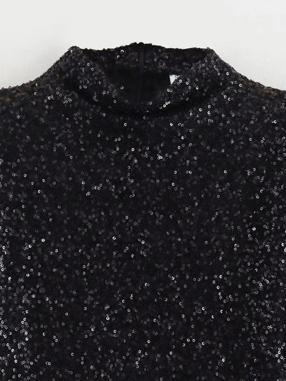 Ivy Sequin Dress with Structured Shoulders and Mock Neck