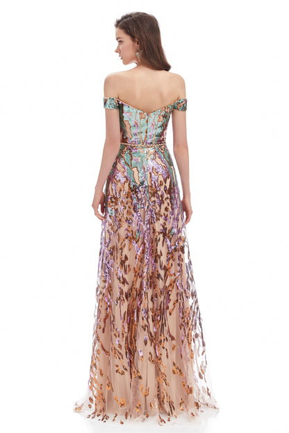 Nerissa Sequin Dress with Off-Shoulder Neck and Tulle Skirt