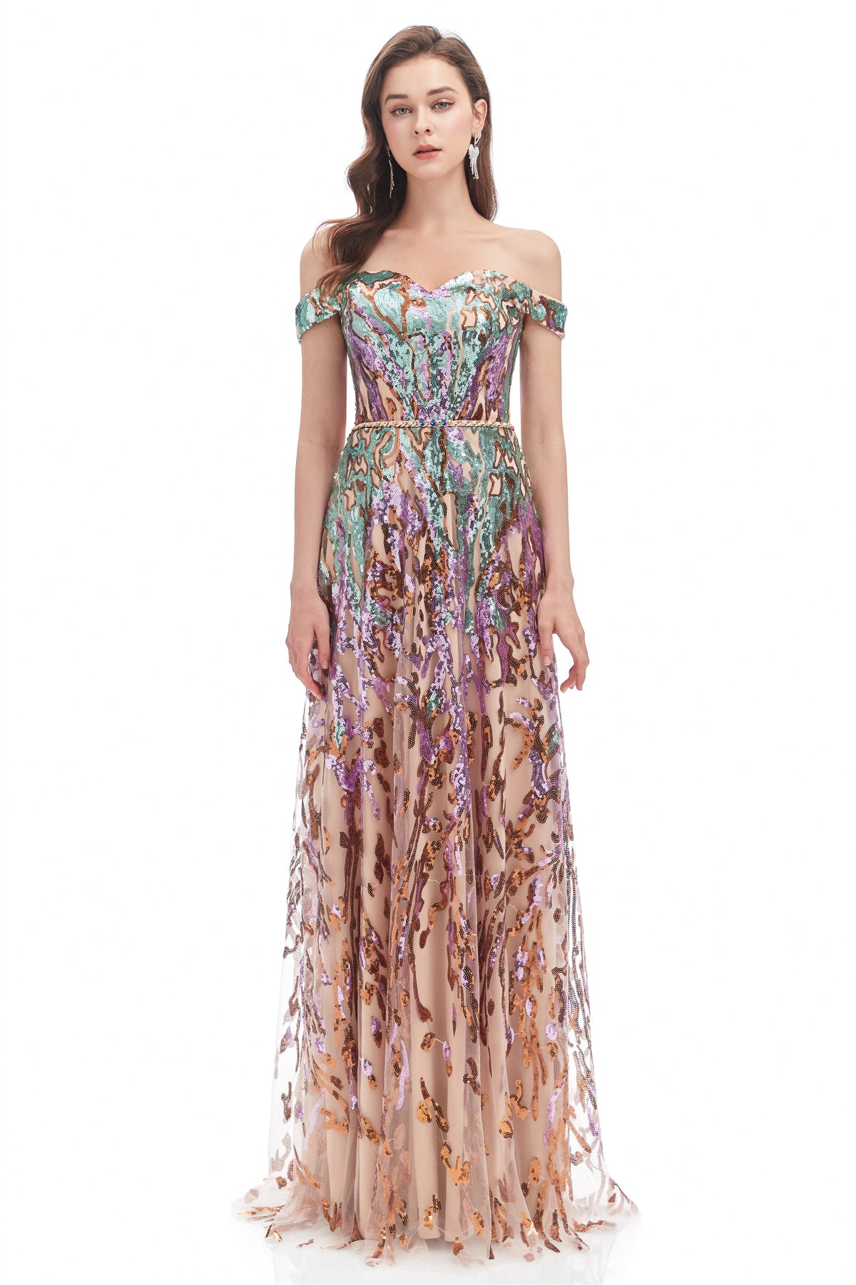 Nerissa Sequin Dress with Off-Shoulder Neck and Tulle Skirt