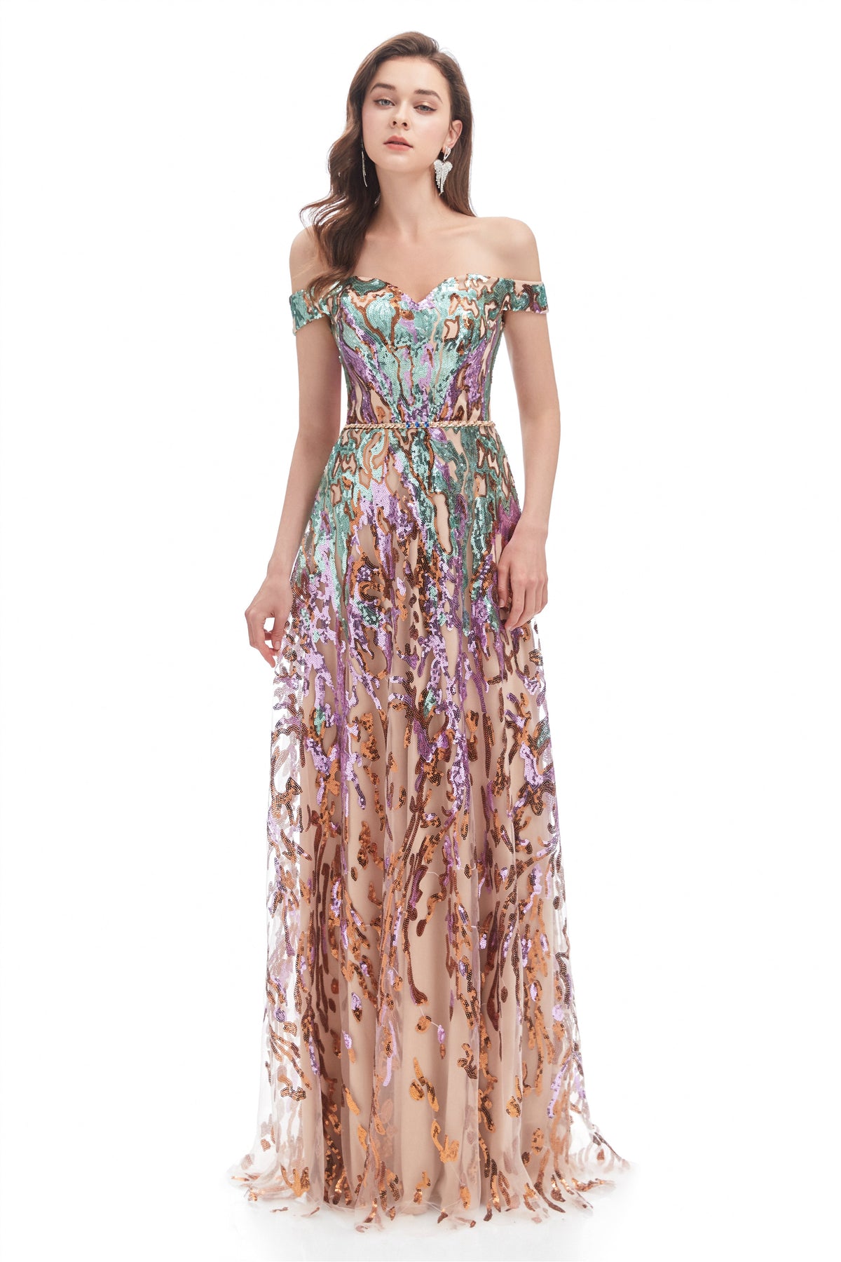 Nerissa Sequin Dress with Off-Shoulder Neck and Tulle Skirt