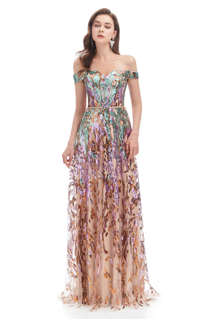 Nerissa Sequin Dress with Off-Shoulder Neck and Tulle Skirt