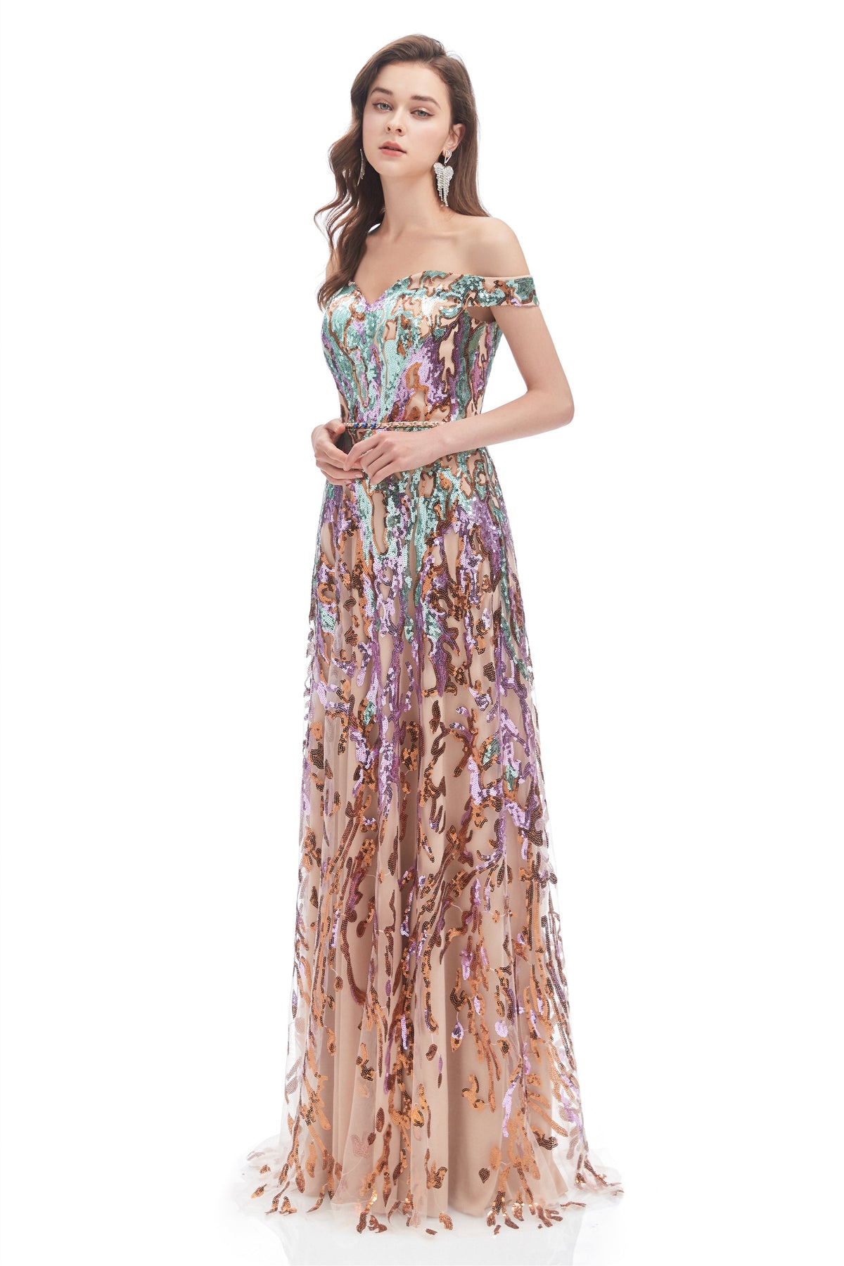 Nerissa Sequin Dress with Off-Shoulder Neck and Tulle Skirt