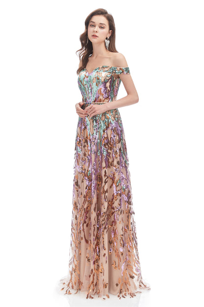 Nerissa Sequin Dress with Off-Shoulder Neck and Tulle Skirt