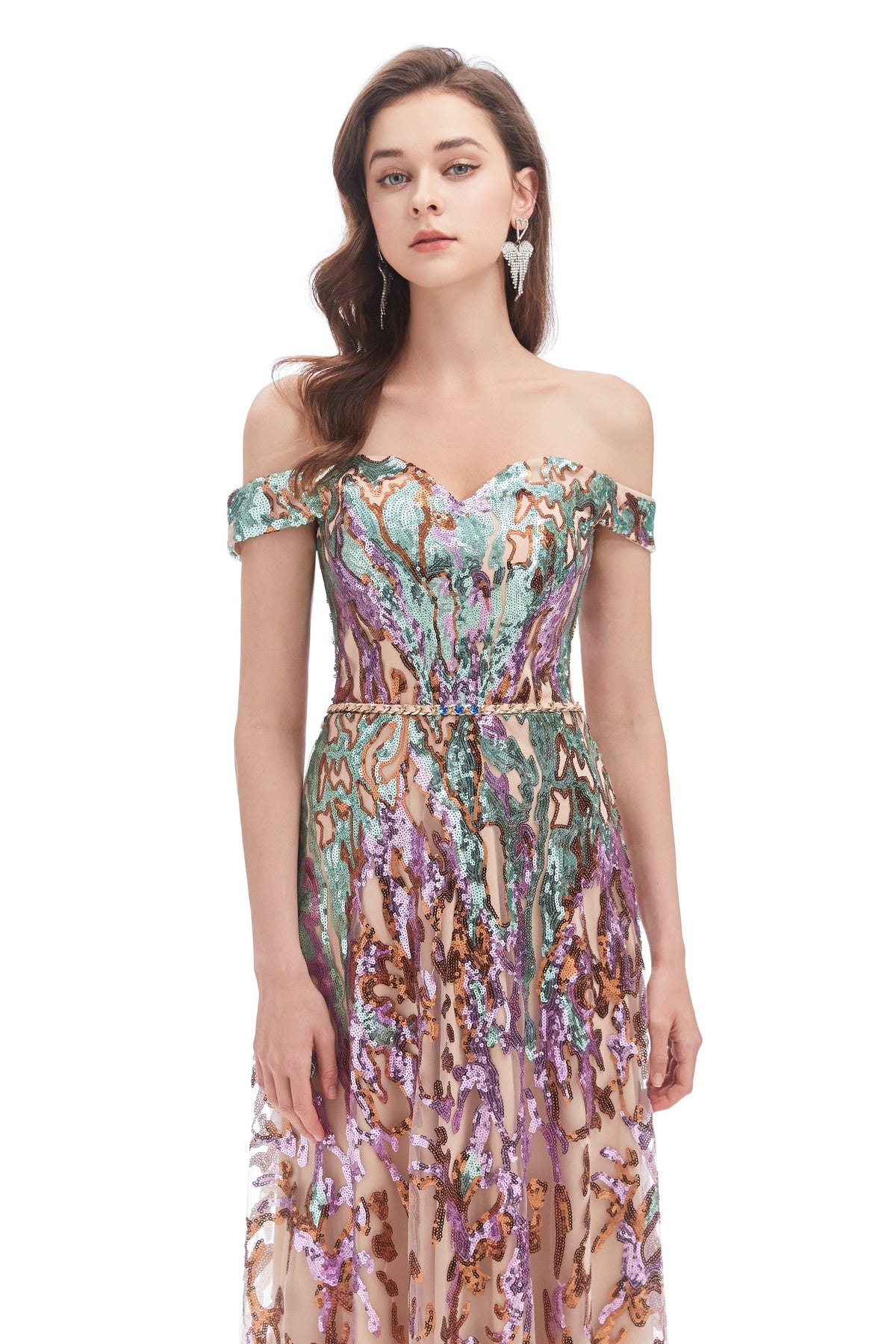 Nerissa Sequin Dress with Off-Shoulder Neck and Tulle Skirt