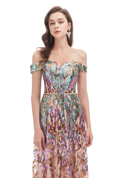 Nerissa Sequin Dress with Off-Shoulder Neck and Tulle Skirt