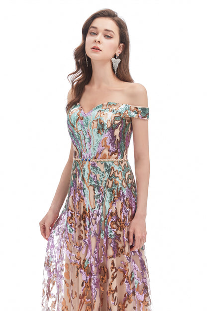 Nerissa Sequin Dress with Off-Shoulder Neck and Tulle Skirt