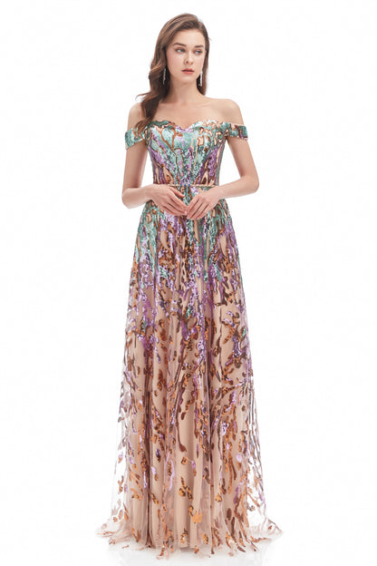 Nerissa Sequin Dress with Off-Shoulder Neck and Tulle Skirt