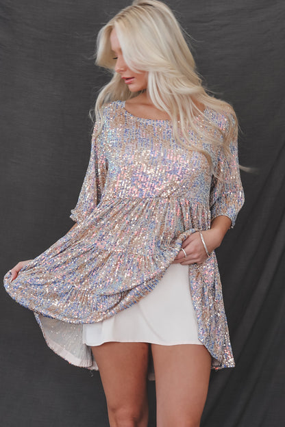 Ava Sequin Dress with Babydoll Shape and Flutter Sleeves