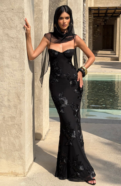 Kerensa Black Dress with Sequin Detail and Mermaid Hem