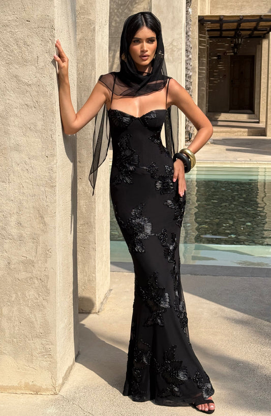 Kerensa Black Dress with Sequin Detail and Mermaid Hem