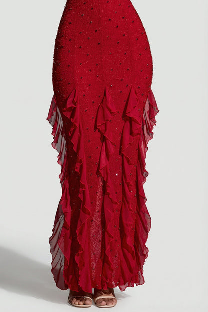 Elsie Red Dress with Halter Neck and Ruffled Side