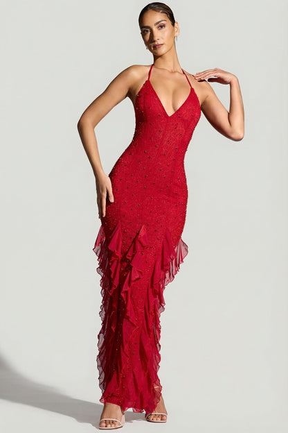 Elsie Red Dress with Halter Neck and Ruffled Side