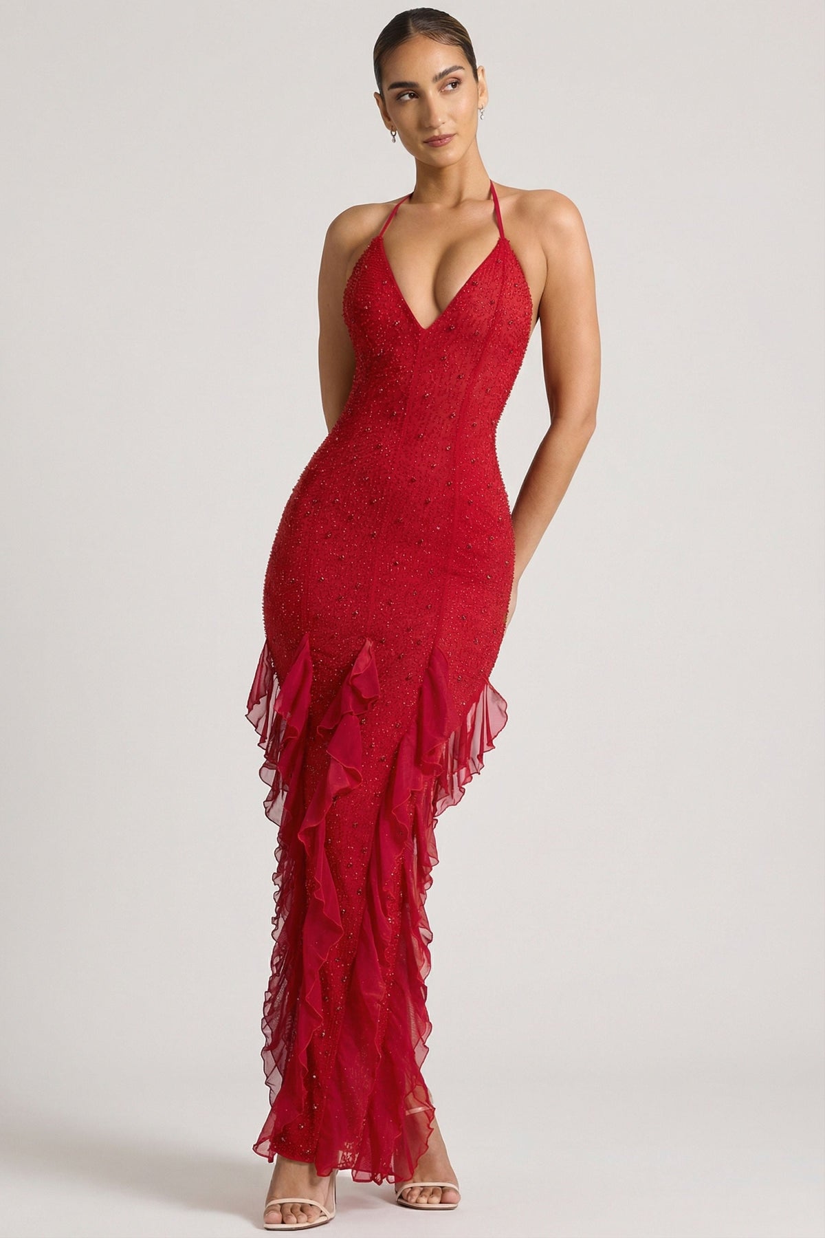 Elsie Red Dress with Halter Neck and Ruffled Side