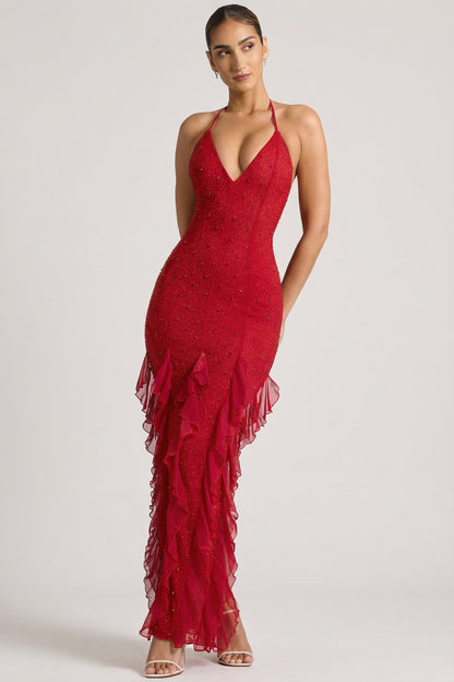 Elsie Red Dress with Halter Neck and Ruffled Side