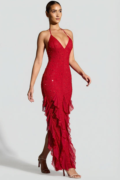 Elsie Red Dress with Halter Neck and Ruffled Side