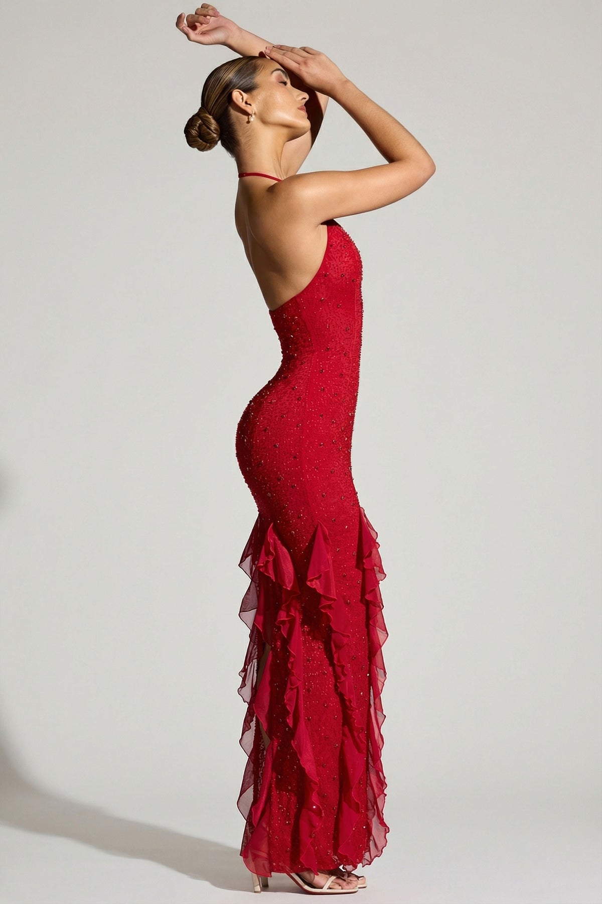 Elsie Red Dress with Halter Neck and Ruffled Side