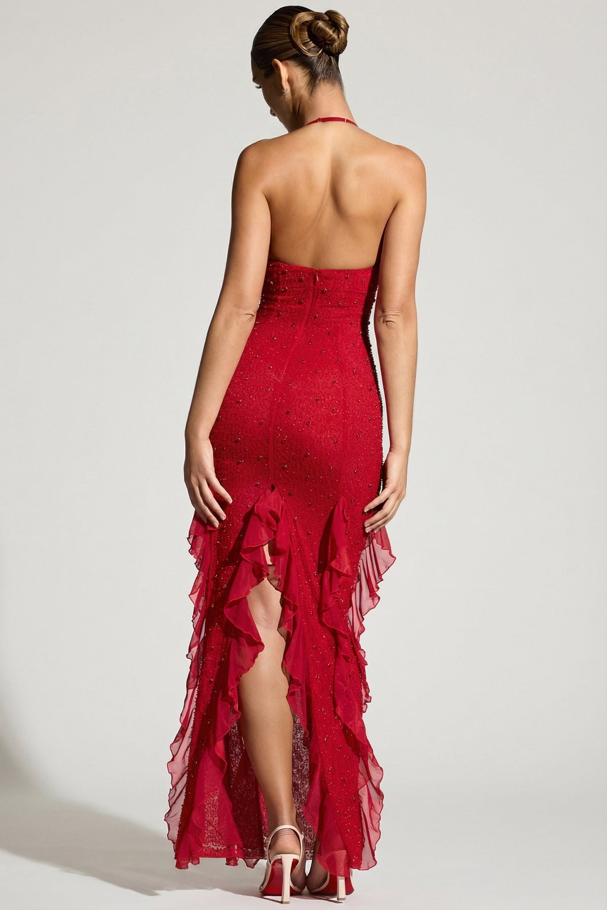Elsie Red Dress with Halter Neck and Ruffled Side