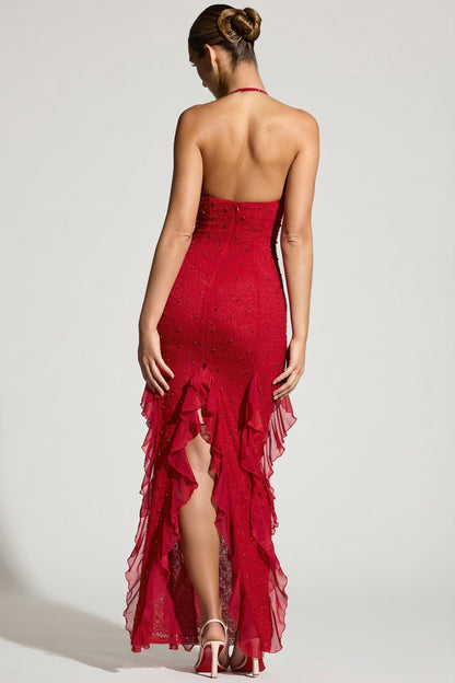 Elsie Red Dress with Halter Neck and Ruffled Side