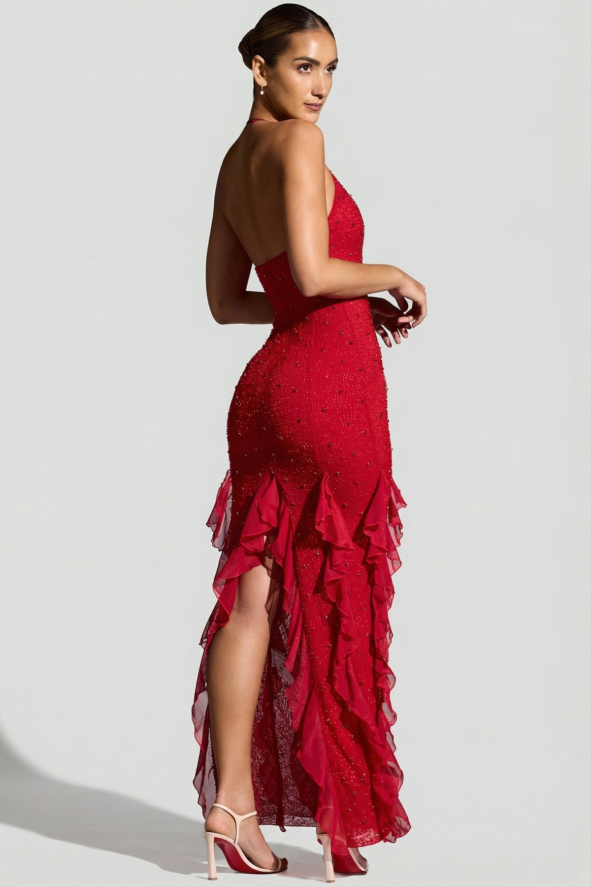 Elsie Red Dress with Halter Neck and Ruffled Side