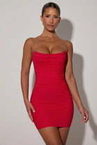 Marina Red Dress with Ruched Body and Open Back
